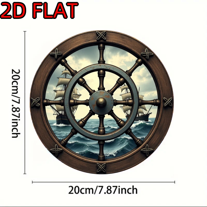 2D Flat Metal Nautical Ship Wheel Sign with Sailboats Ocean Scene Vintage Decor Circular Wall Art for Living Room Bedroom Home