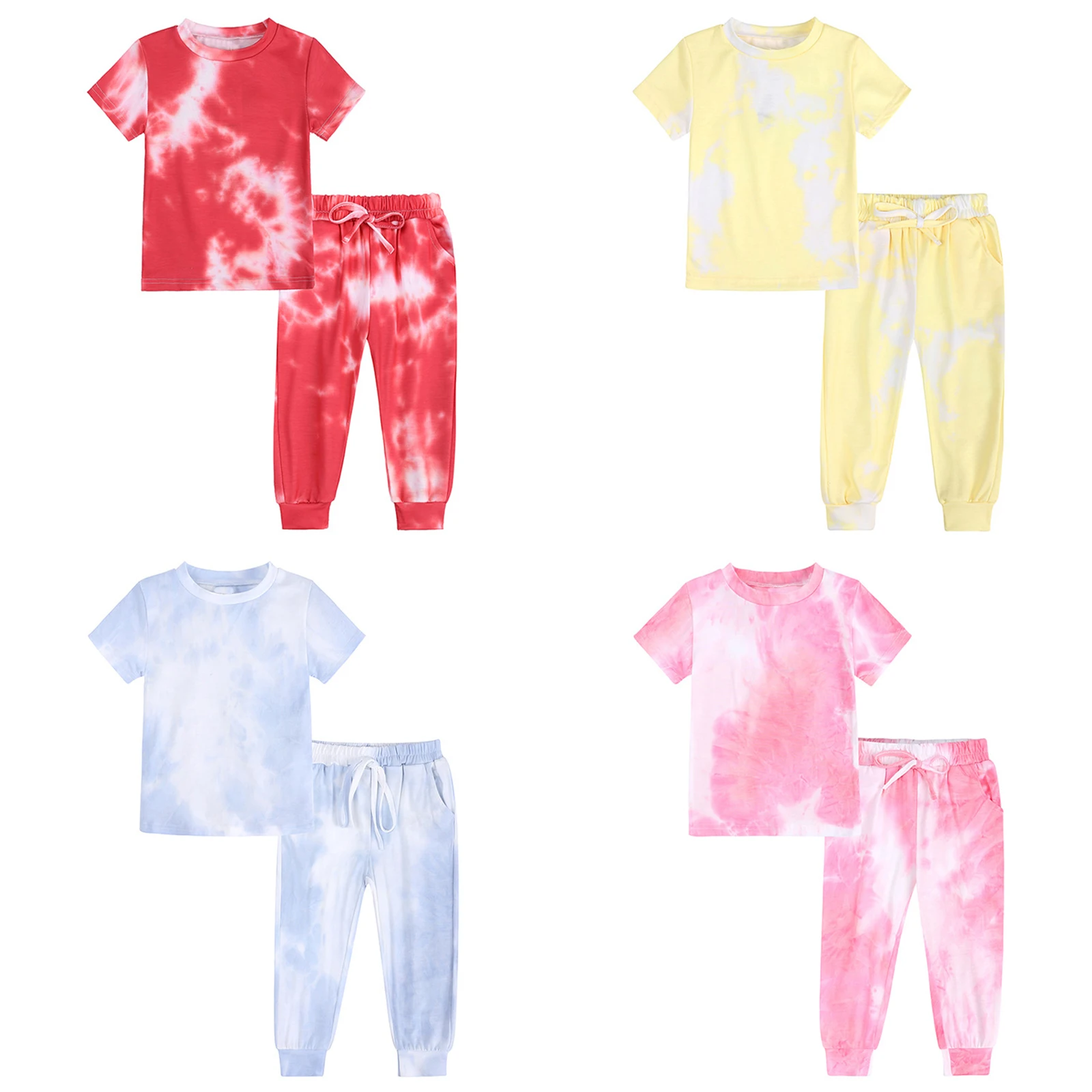 Nowe dziewczyny Tie Dye ubranie sportowe dzieci z krótkim rękawem koszula z okrągłym dekoltem ze ściąganym kapturem, długa zestaw spodni strój domowy codzienny Sport ubrania do ćwiczeń