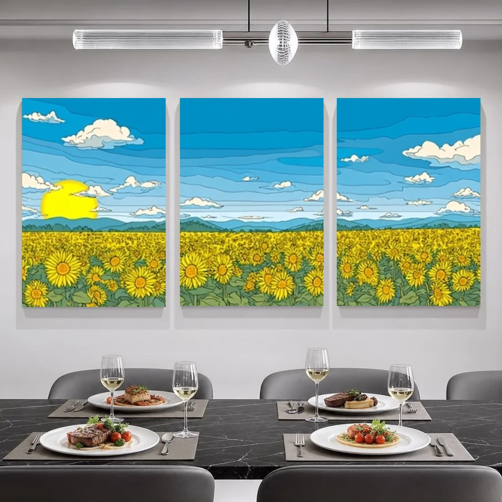 2D Flat, 3pcs Modern Sunflower Field Wall Art Prints, Blue Sky and White Clouds, Frameless Art Prints for Living Room Bedroom