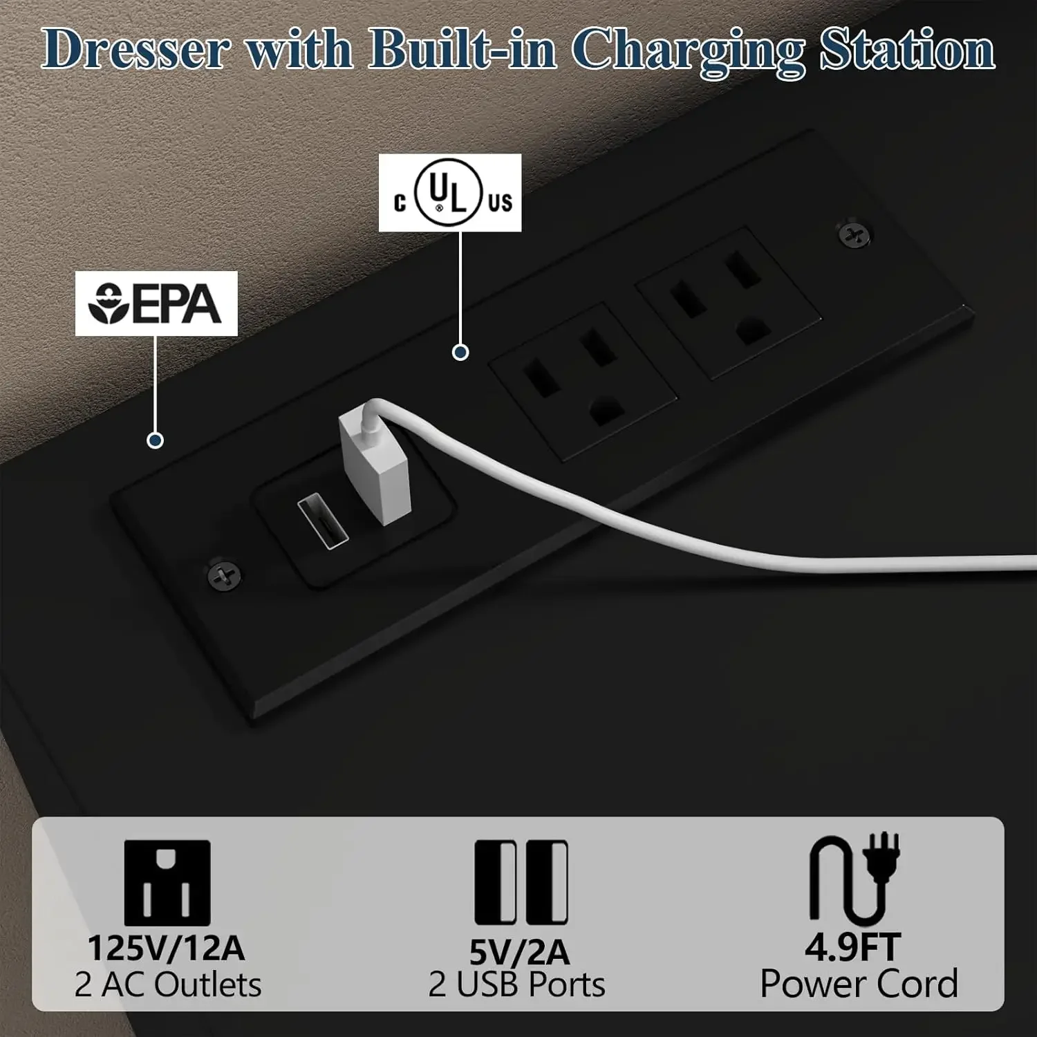 خزانة سوداء مكونة من 12 درجًا مع محطة شحن، حامل تلفزيون واسع رباعي البوصة بطول 63 بوصة، منظم خزائن كبير لغرفة المعيشة #6