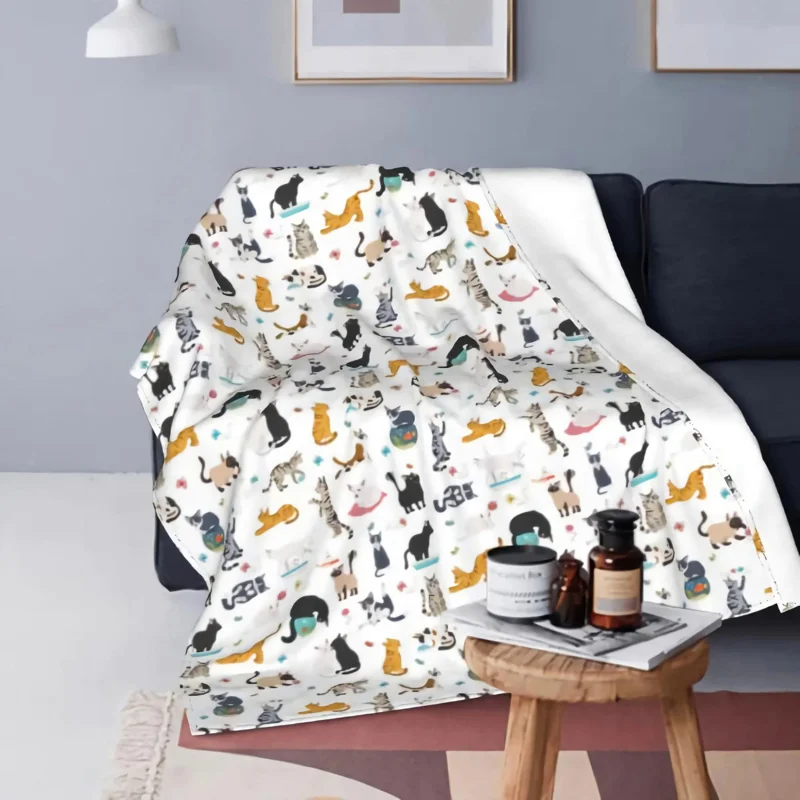 

Cute Cartoon Cat Kitten Poses Lovely Pussy Yoga Throw Fleece Flannel Collection Sherpa Blanket for Bed Sofa