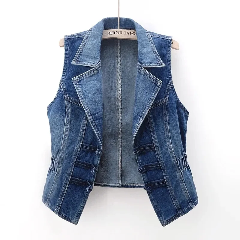 

Vintage Dial buckle Suit collar Denim Vest Women Spring Summer Sleevless Jacket Blue Short slim Jeans Coat Female Waistcoat T376