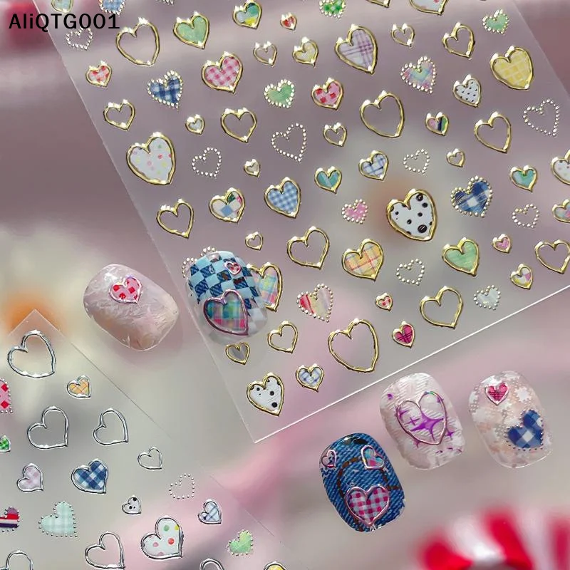 

Valentine's Day Heart-Shaped Nail Stickers Colorful Checkered 3D Self-Adhesive Manicure Decals DIY Nail Art Decorations
