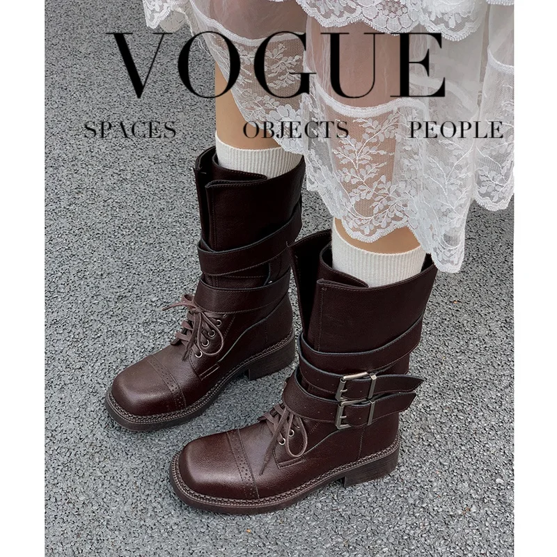 

2023 новые осенне-зимние женские ботильоны высотой 22-25 см из воловьей кожи с квадратным носком и пряжкой на платформе, сапоги в стиле вестерн, рыцарские сапоги