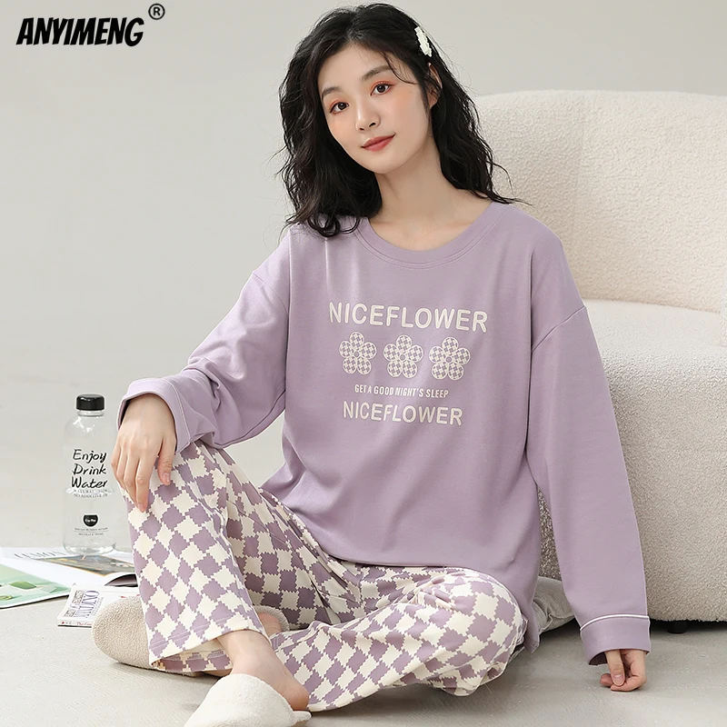 Pure Cotton Women Pajama Sets Autumn Winter Long Sleeves Plaid Pants Pijamas Purple Loungewear Round Collar Girl Sleepwear