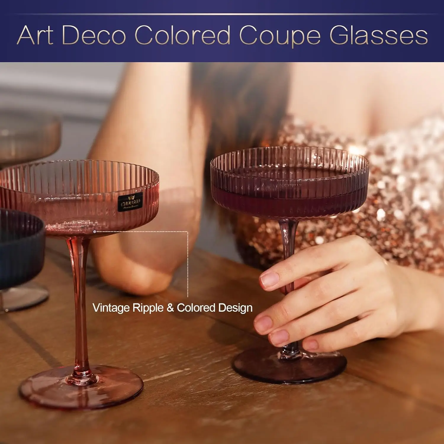 Vintage Art Colored Coupe Glasses Set - Premium Gift Box - Ribbed Crystal Handmade Cocktail Glasses - Mothers Day Gift