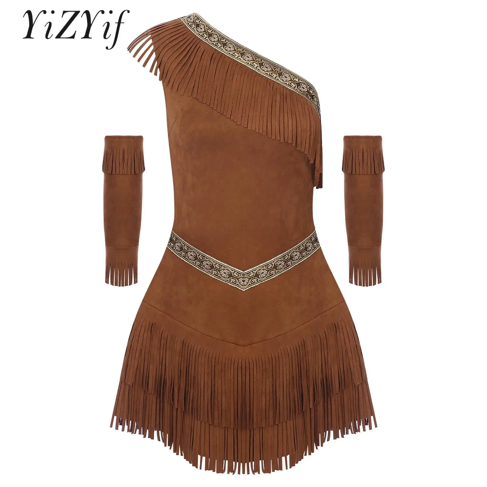 Women Native Costume Set Ancient Greek Warrior Princess Costume One Shoulder Sleeveless Fringe Dress for Halloween Cosplay