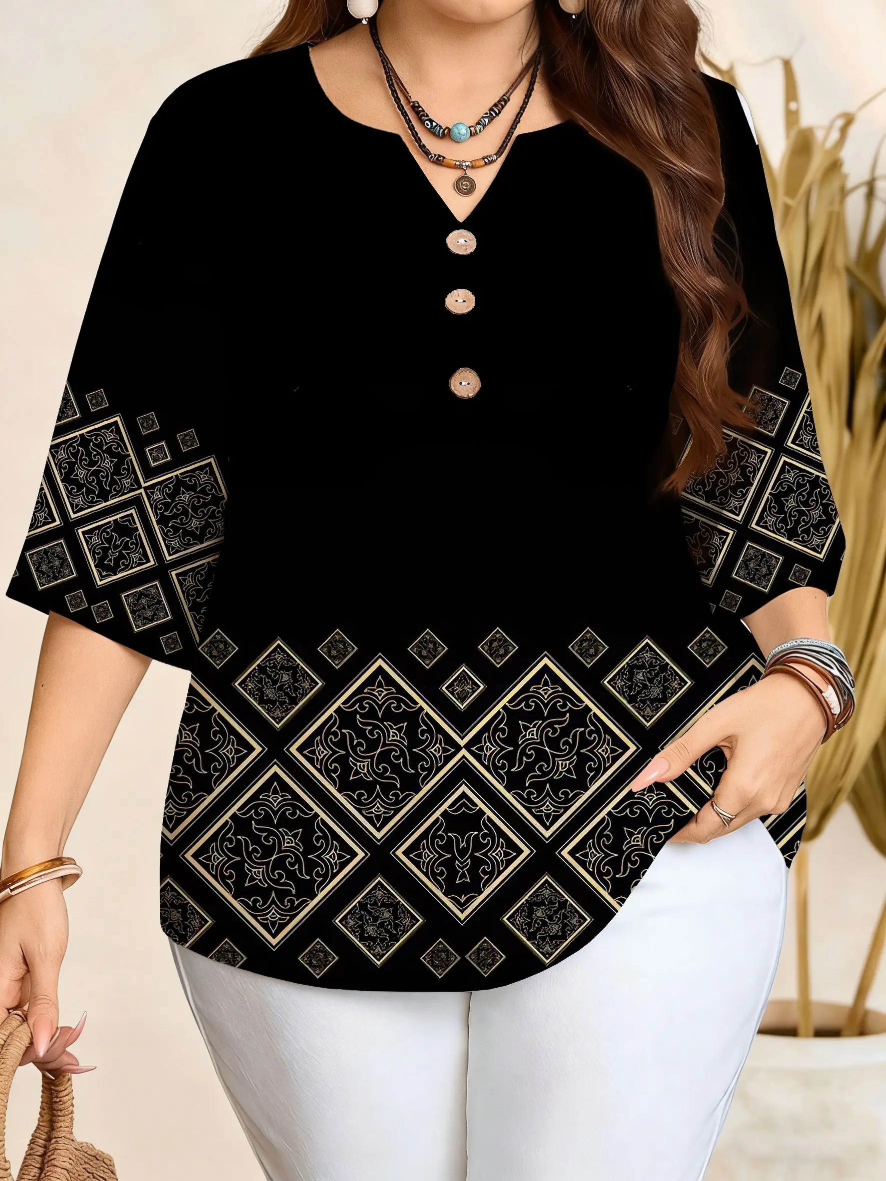 Plus Size Women 3/4 Sleeve V‑Neck Button Blouse Geometric Diamond Ethnic Floral Leaf Marble Print Loose Casual Ladies Tops