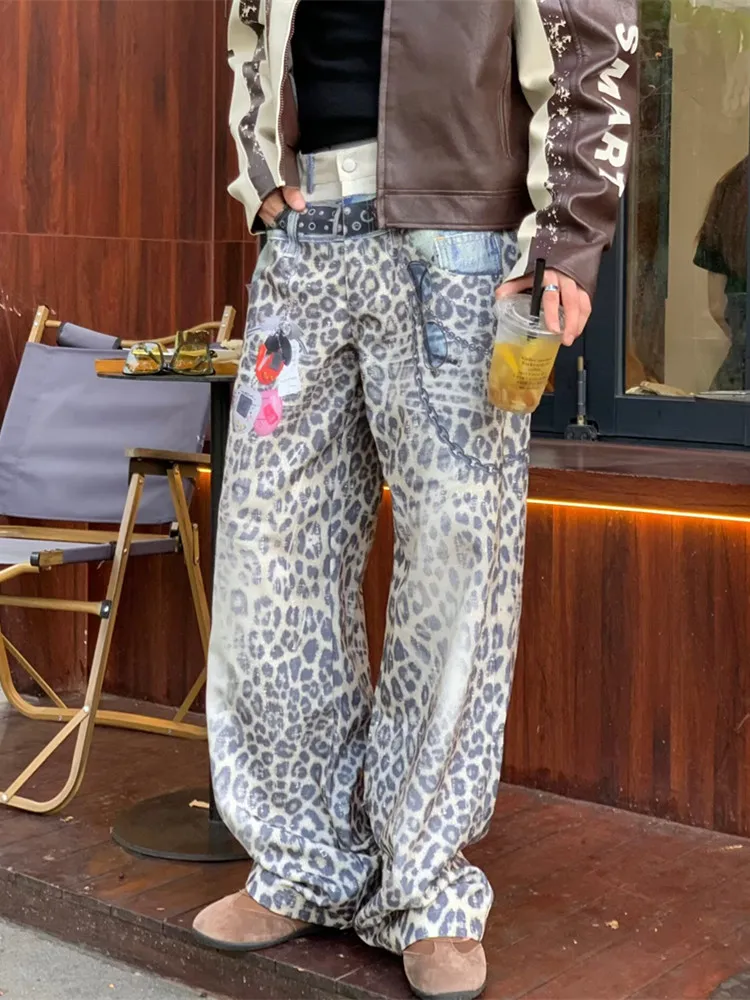 2025 American Retro Y2K Style Double Waistband Leopard Baggy Jeans Pants For Men Clothing Straight Long Trousers Pantalon Homme