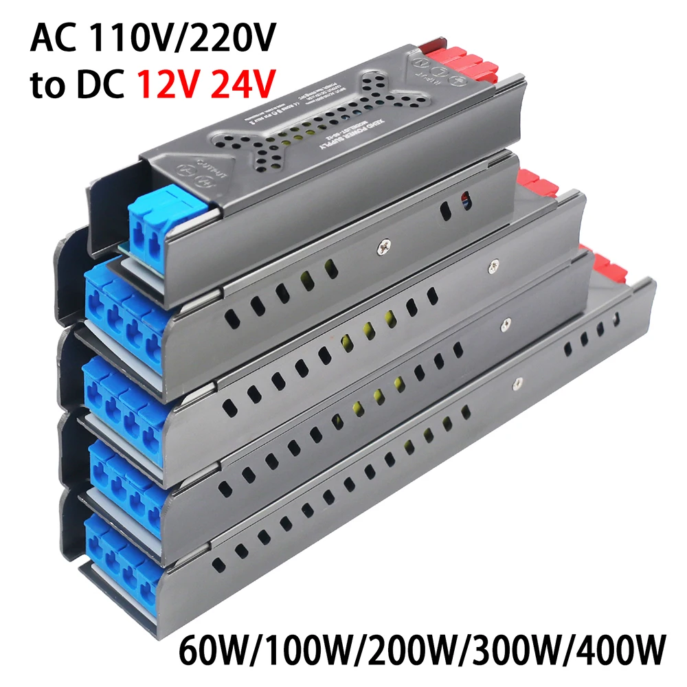 Ultra Thin Led Power Supply Adapter Transformers 110V 220V to 12V 24V 60W 100W 200W 300W 400W for CCTV LED Strip Lighting Driver