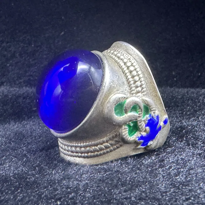 Couple Vintage Silver‑Tone Open Ring Enamel‑Blued Inlaid Round Color‑Changing Sapphire‑Tone Cabochon Retro Adjustable Statement