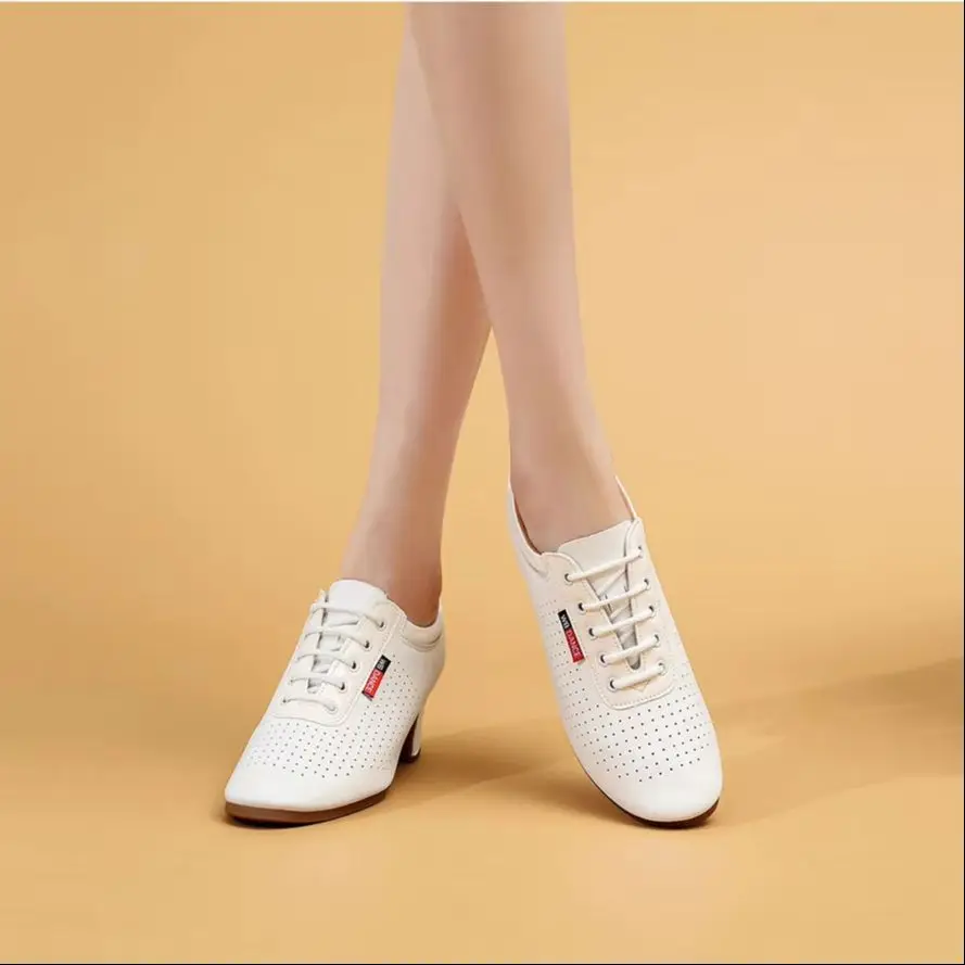 White Women's Dance Shoes 5Cm Mid Heel Soft Sole Anti Slip Wear-Resistant Dance Shoes Breathable Ballroom Dance Training Shoes