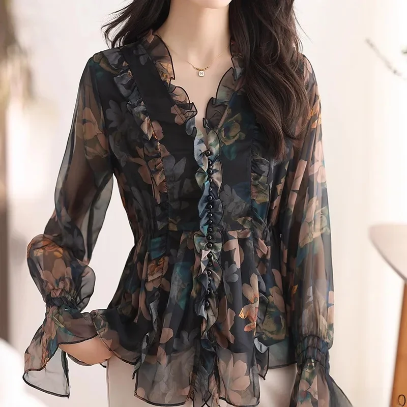 โรแมนติก Ruffles Tops ผู้หญิงเกาหลีสไตล์การออกแบบเสื้อผ้า Flare Sleeve Elegant Office Lady น่ารักริบบิ้นหวาน Basic เสื้อเสื้อ