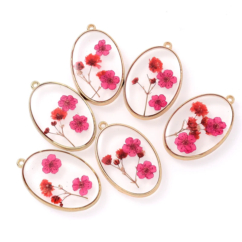 New 2Pcs Transparent Oval Resin Dried Flower Pendant Charm Rose Red Pendant For DIY Jewelry Making Necklace Earring Accessories