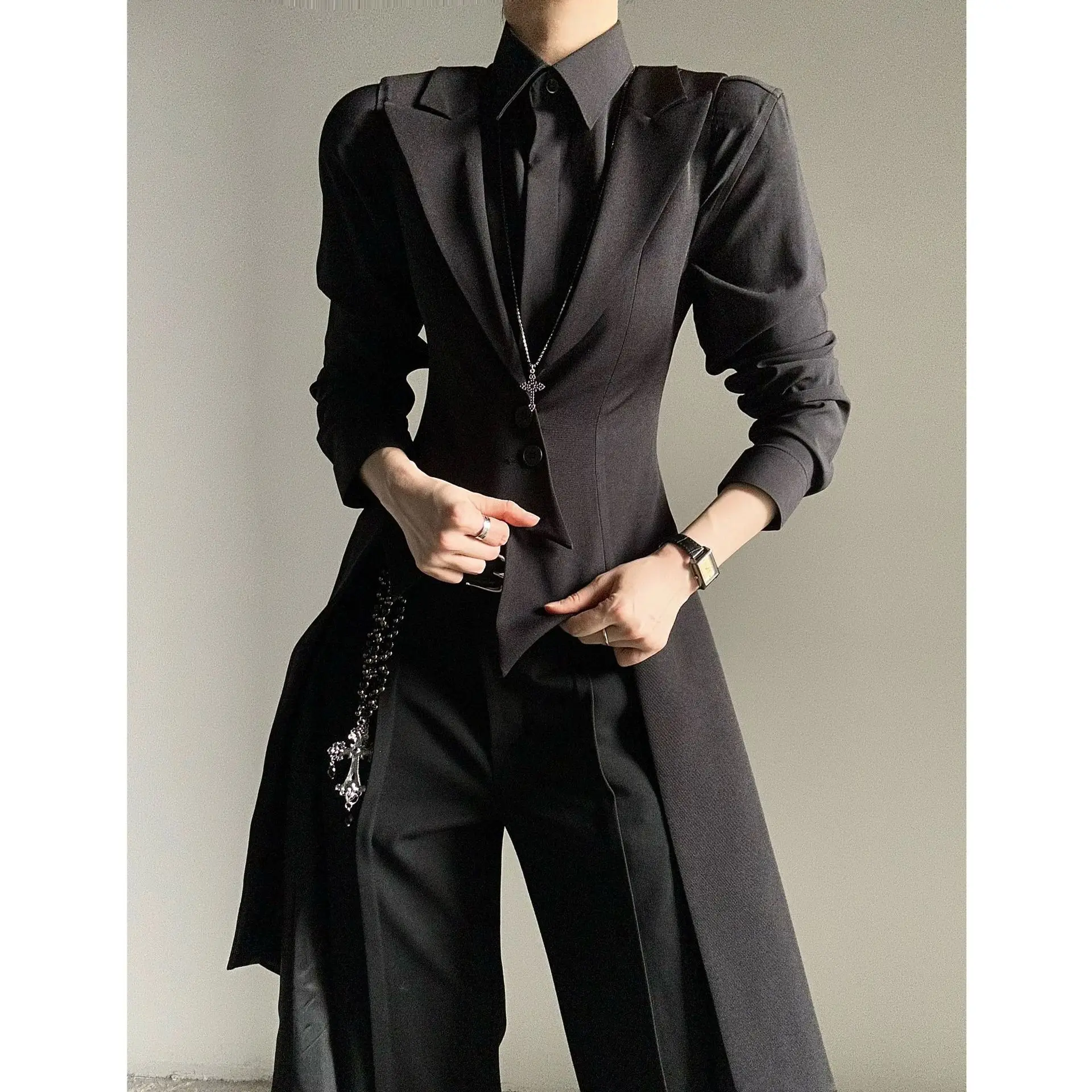 Long Suit Vest Spring And Autumn Versatile And Thin Waist Pioneer Slim Fit Retro Dark Ascetic Tuxedo