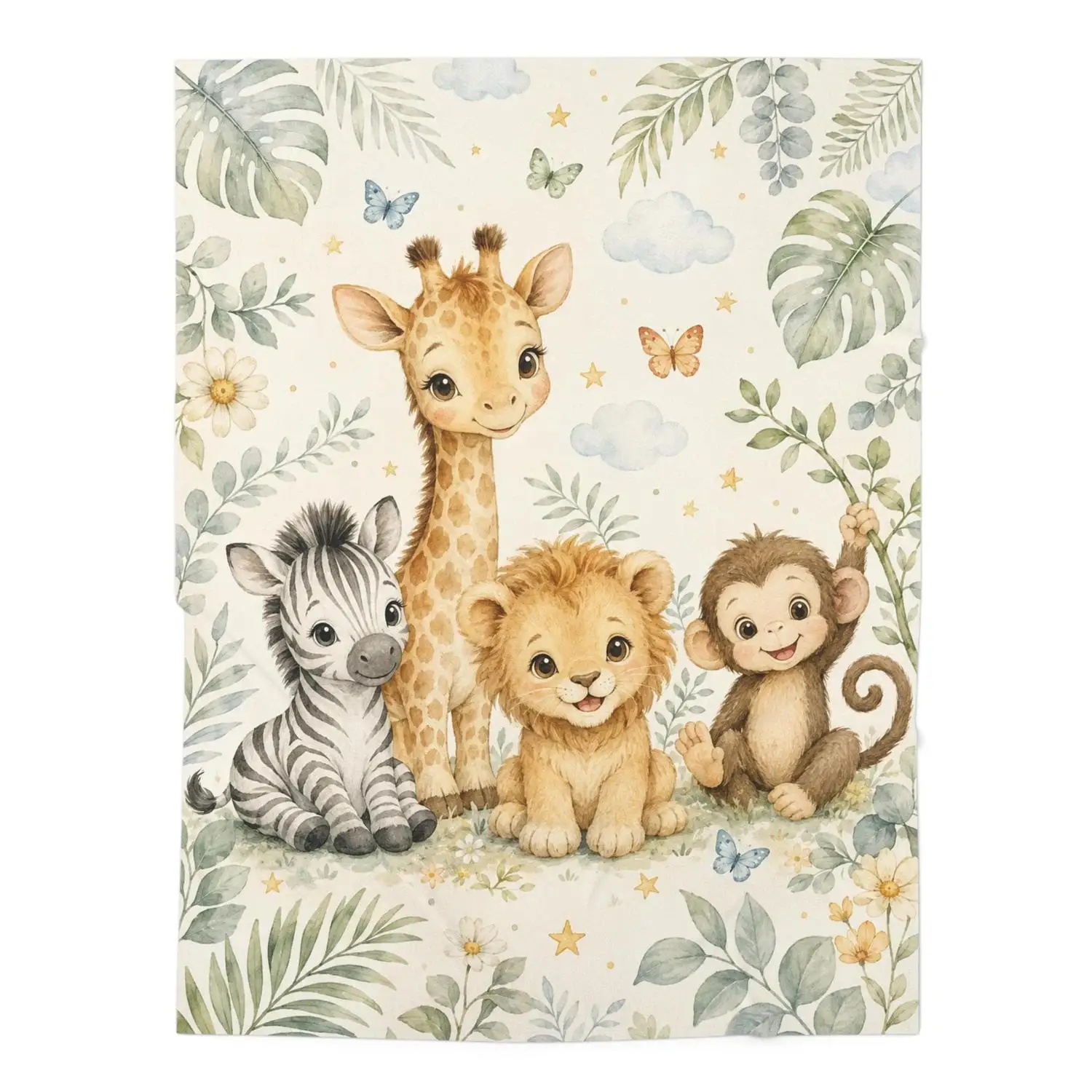 [Flannel Blanket] Baby Swaddle Blanket with Wildlife Theme, Featuring Giraffes, Lions, Zebras, and Monkeys.