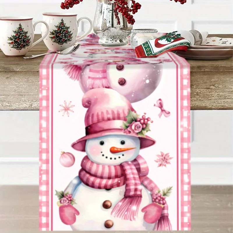 1 Piece of Pink Christmas Snowman Table Runner, Pink Plaid Edge with Pink Hat and Scarf Snowman, Snowflake Pattern, Suitable for Christmas Parties, Girlfriends' Tea Parties, Girly Home Furnishings, Family Restaurants, Holiday Markets, Cozy Cafes, Handmade Studios, Winter Decorations