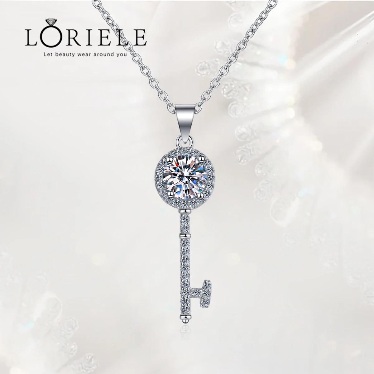 

LORIELE S925 White Gold 1ct Moissanite Pendant Key Simple Clavicle Chain Sparkling Diamond Female Necklace for Women Wholesale