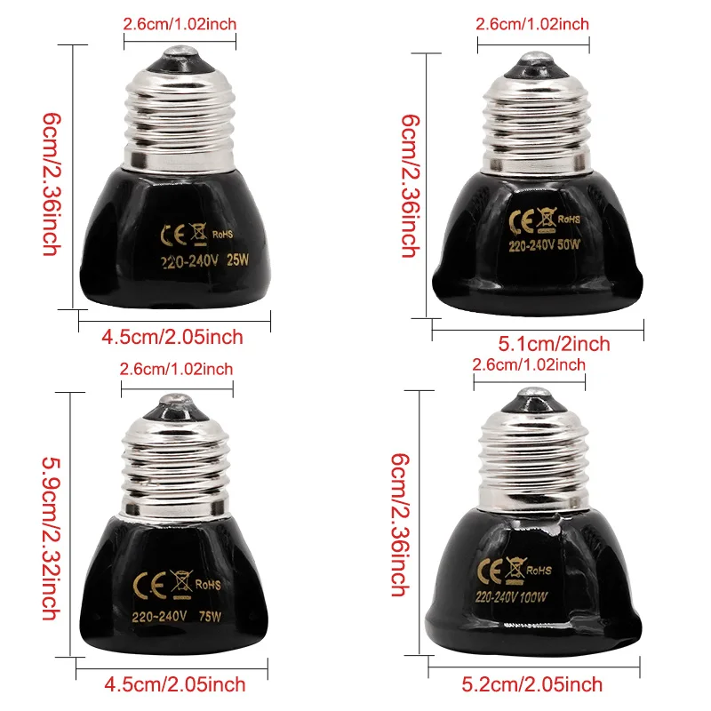 E27 Pet Heating Lamp Black In-Frared Ceramic Emitter Heat Light Bulb Pet Brooder Reptile Mini Infrared Lamp 25/50/75/100W