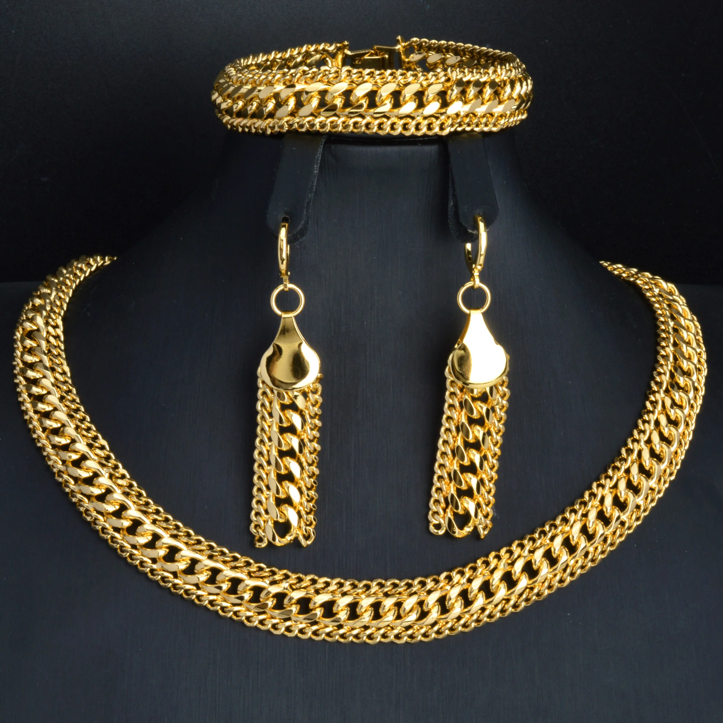 Gold Plated Jewelry Set For Women Thick Cuban Chain Necklace Bracelet Tassel Drop Earrings 3Pcs Statement Jewelry Wedding Gift