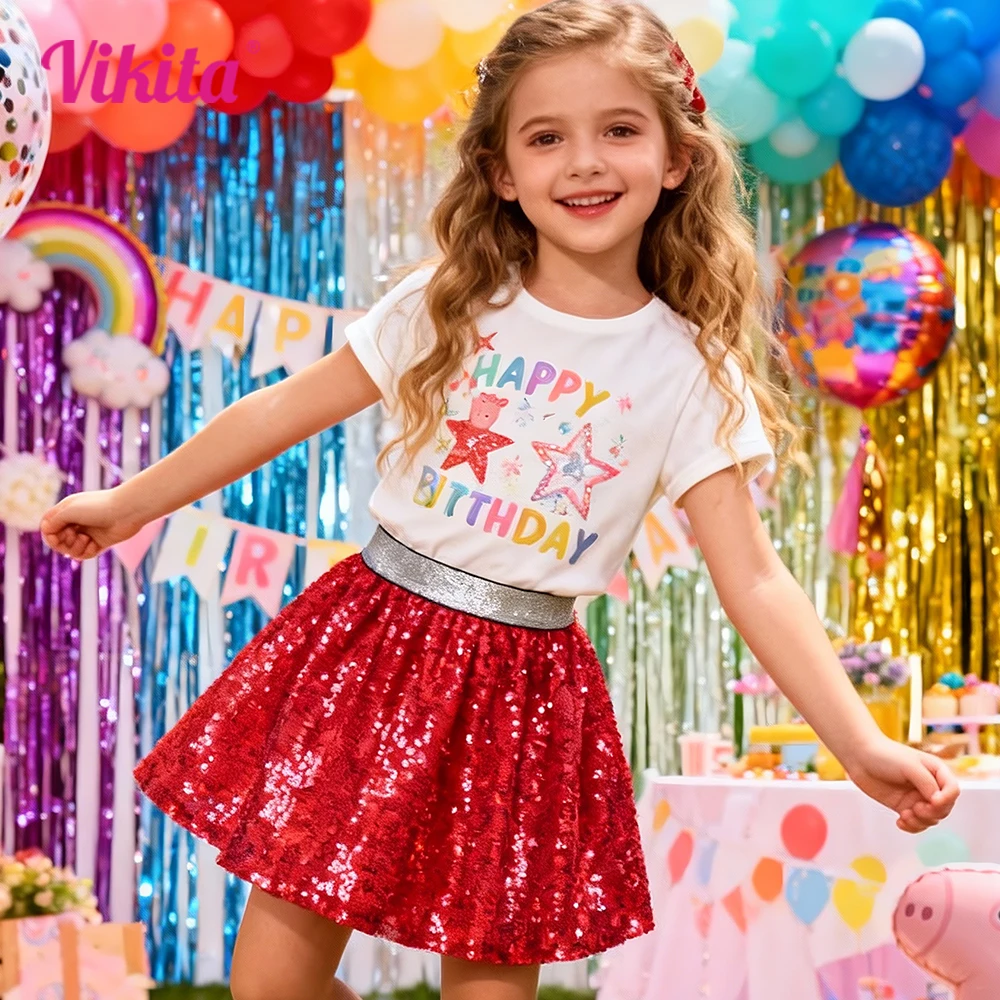 VIKITA Girls Teenagers Sequined Red Skirts Kids Sparkly Glitter Shiny Princess Birthday Party Performance Ballet Mini Skirt 3-7Y