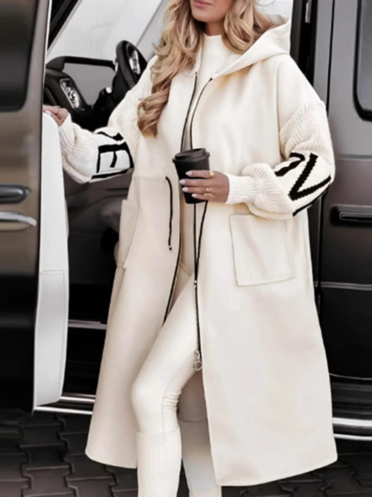 

Loose Large Size Retro Lazy Sle Knitted Open Cardigan Women's Autumn Winter New Mid-Length Hooded Splicing Sweater Coat Thi