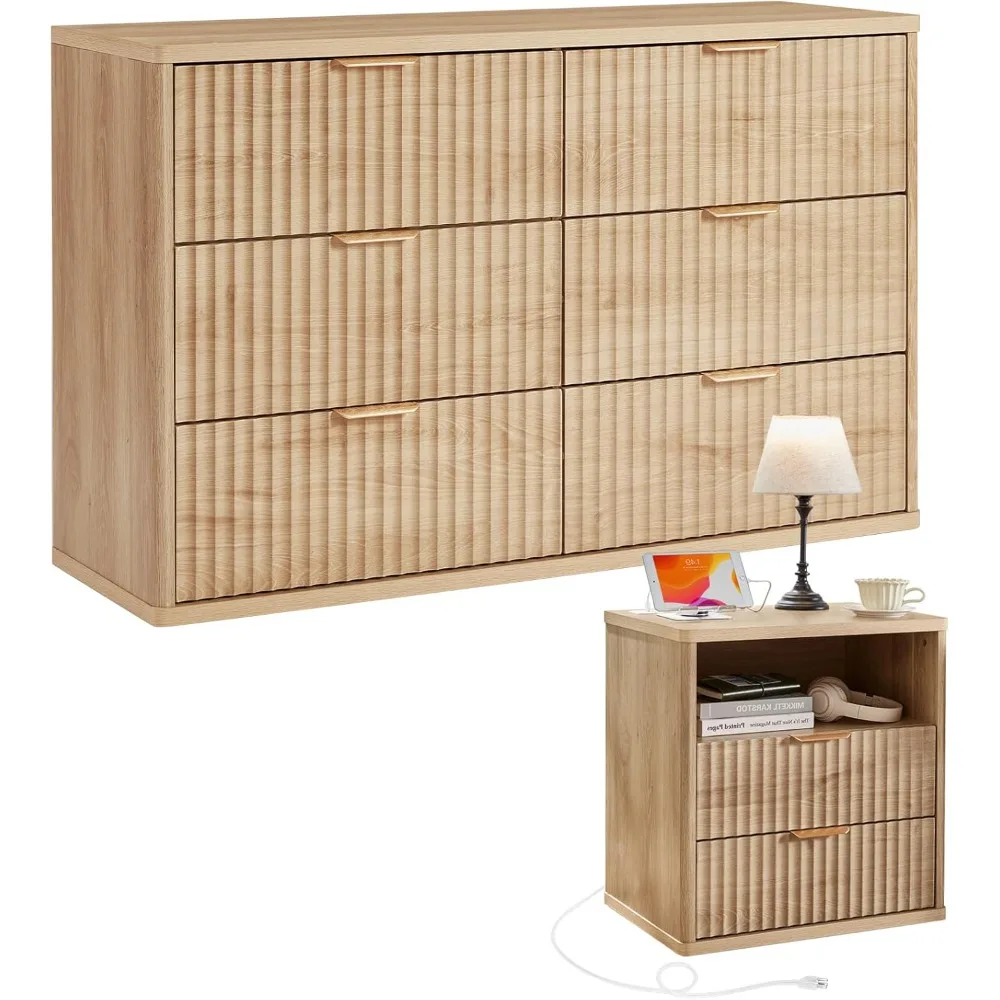 

wooden 48-inch wide dresser and 23-inch nightstand set with charging station, 2-piece bedroom furniture ensemble