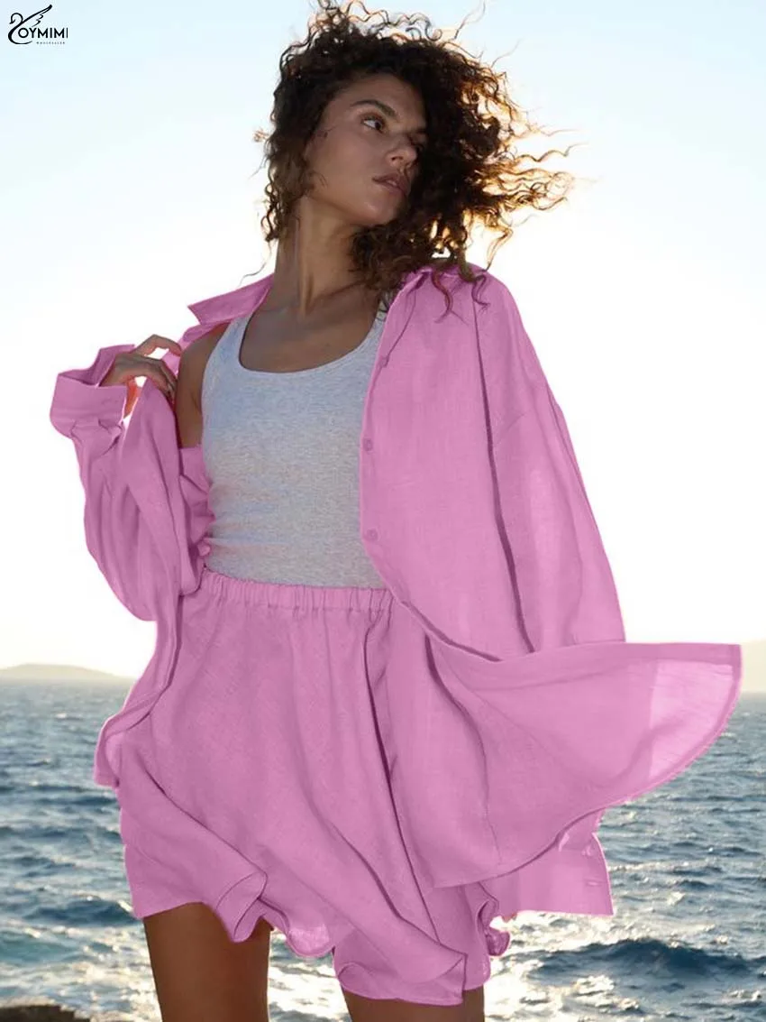 Oymimi Casual Pink Loose 2 Piece Sets Woman Outfit Fashion Turn-Down Collar Long Sleeve Button Shirts And Simple Mini Skirts Set