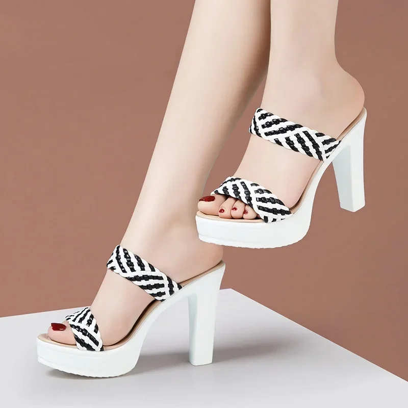 10cm Elegant Mix Color Knit Block High Heels Shoes Women Slippers 2024 Summer Thick Bottom Platform Slides for Office Model