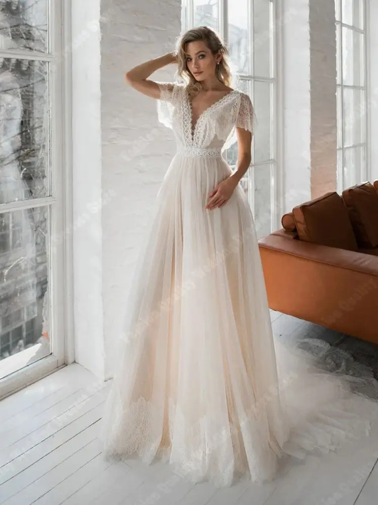 Romantic A-Line Wedding Dresses  Simplicity V-Neck Bride Gowns Newest High Quality Chapel Train Floor Mopping Vestidos De Novia