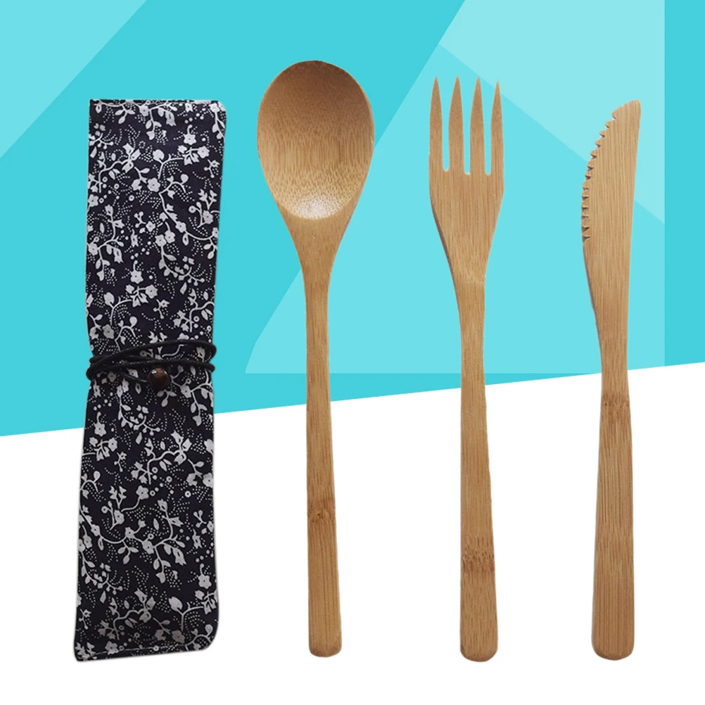 

4 Pcs Bamboo Knife and Fork Spoon Set Wood Tableware Wooden Cutlery Japanese-style