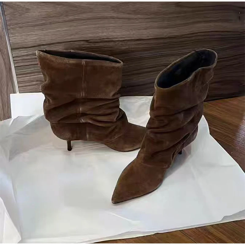 خمر جودة عالية أشار تو Vintage حذاء بوت بطول الكاحل مثير رقيقة منخفضة الكعب المرأة الدافئة مطوي حذاء من الجلد الانزلاق على أحذية الحفلات كاوبوي #6