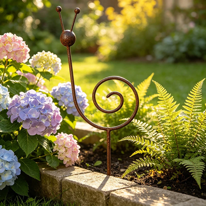 Rostiger Metall-Schnecken-Gartenstecker: Eisenkunst-Rasenornament für den Außenbereich, Terrasse und Garten – Dekorativer Einstecker – Detail 2