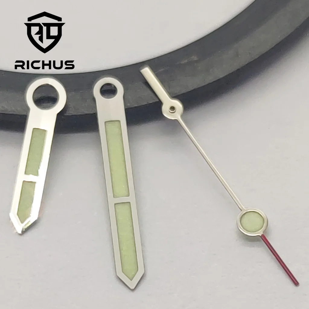 RICHUS NH35-Uhrzeiger, silberne Uhrzeiger, grün leuchtend, passend für NH34 NH35 NH36 ETA 2824 2836 Miyota 8215-DG-Uhrwerk