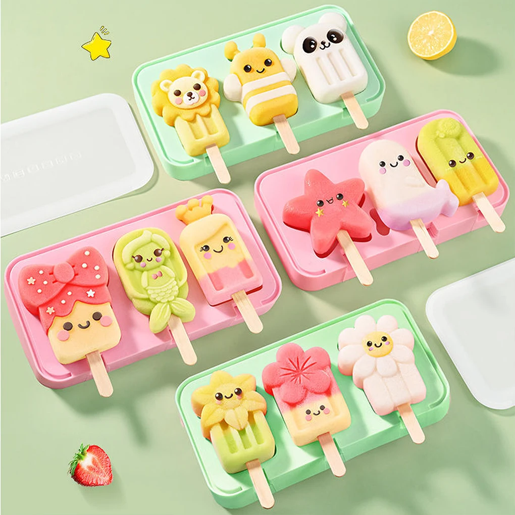 

Silicone Ice Cream Mold Popsicle Siamese Molds DIY Homemade Ice Lolly Mold Cartoon Cute Image Handmade Kitchen Tools with Lid