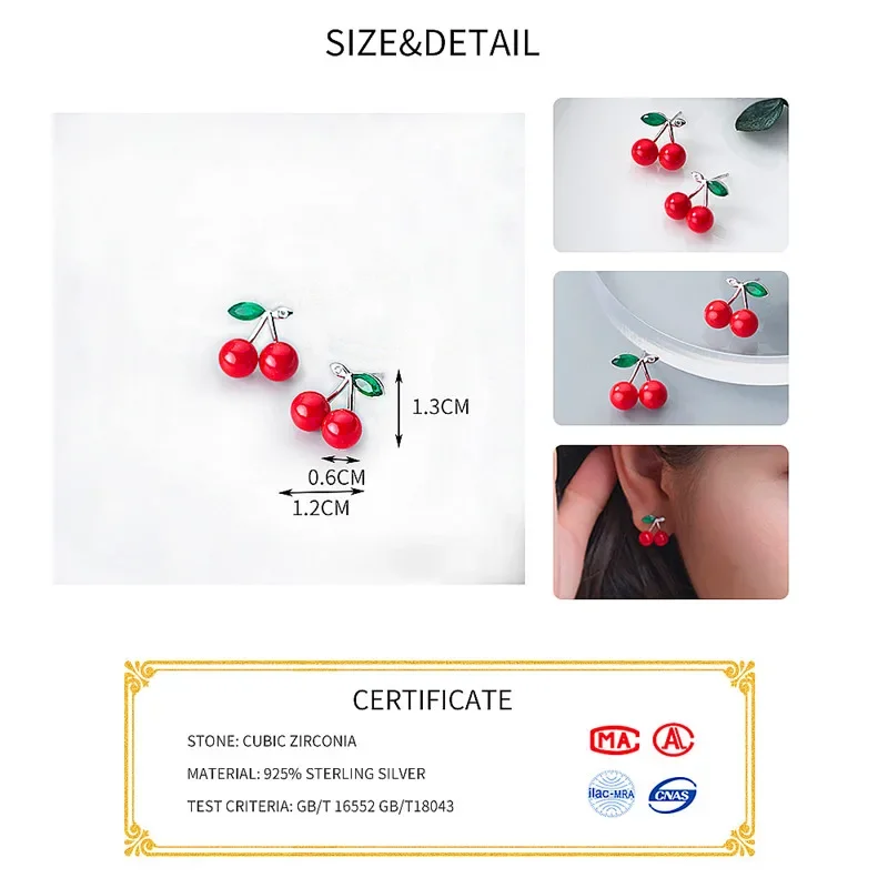 INZATT Cute Red Cherry Green Crystal Stud Earrings 925 Sterling Silver For Women Anniversary Fashion Jewelry