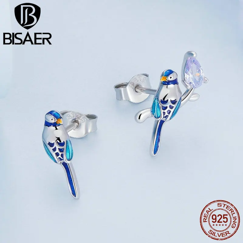 BISAER 100% 925 Sterling Silver Blue Bird Jewerly Set Bracelet Open Ring Stud Earrings Colored Enamel Process Zircon for Women