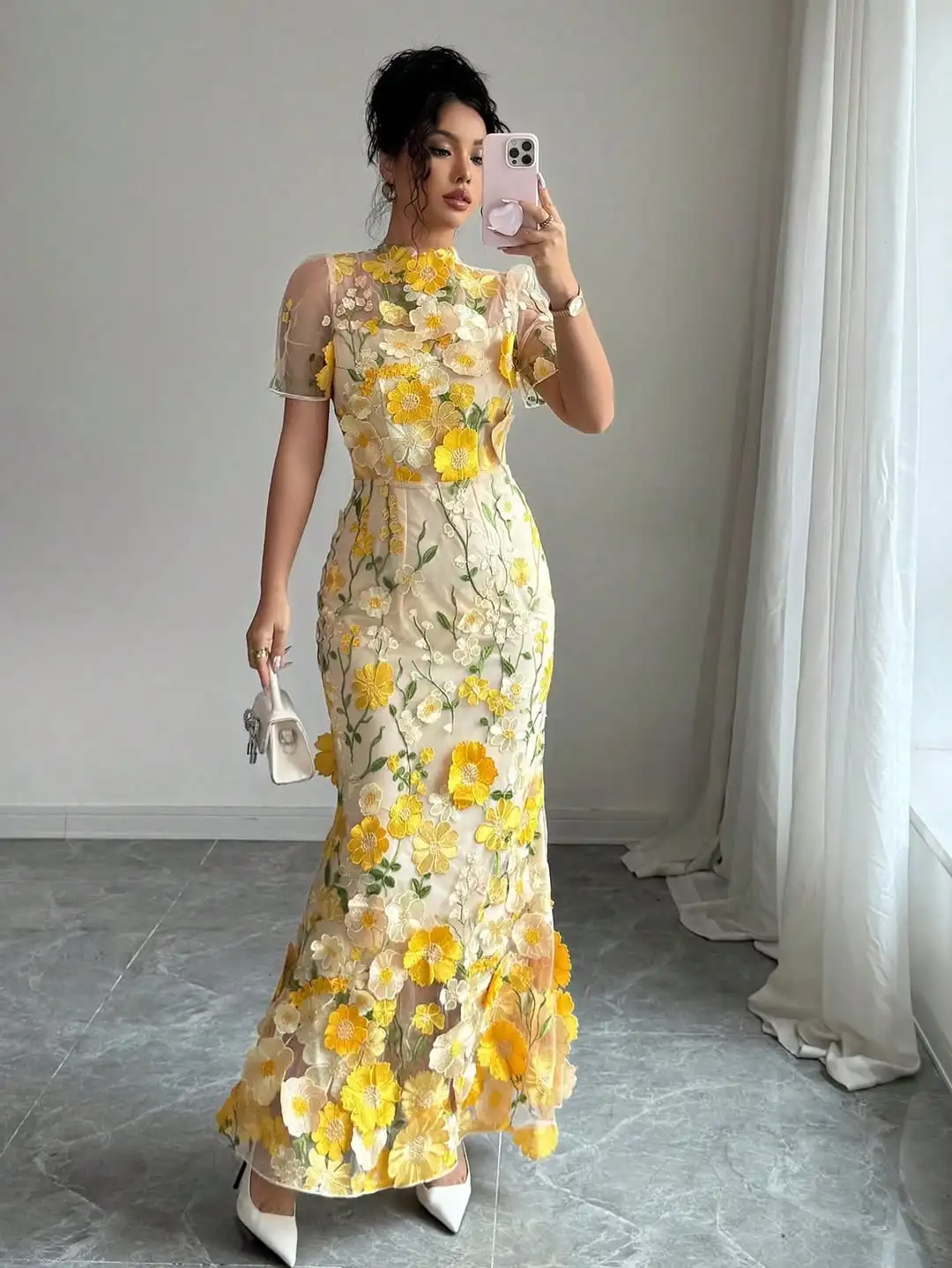 MD New Modern 3D Lace Evening Gown Mermaid Ankle-Length O-Neck Short Sleeves Prom Down فستان حفلة موسيقية customised 2025