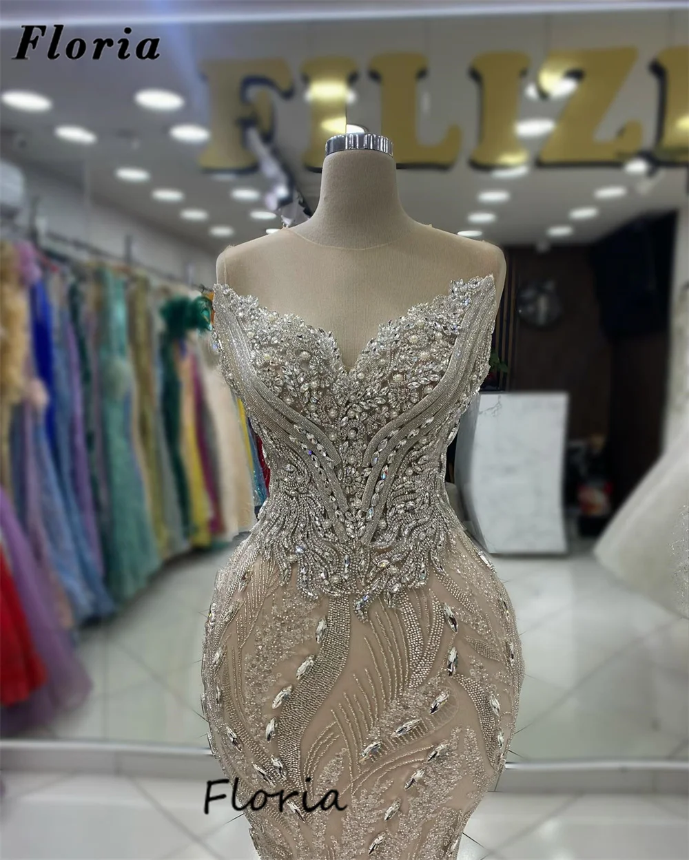 Champagne Beading Evening Dresses For Weddings 2024 Saudi Arabic Dubai Mermaid Cocktail Dress Pageant Party Gowns Vestidos Gala