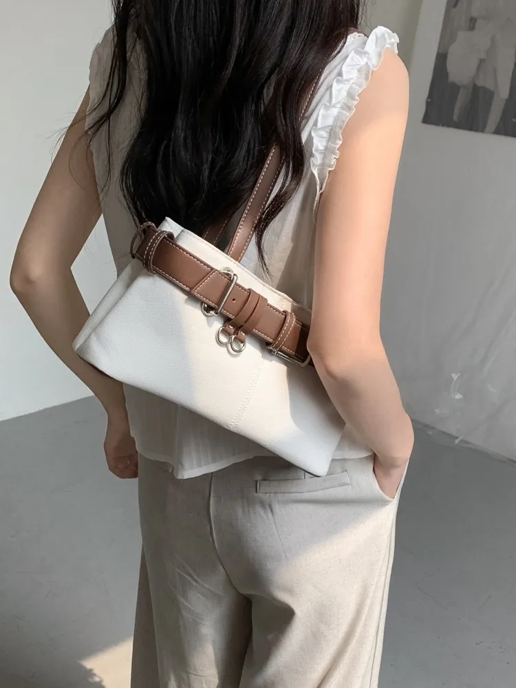 

Red PU Leather Shoulder Bags Women 2025 New Fashion Korean Belt Splicing Underarm Bag Female Simple Solid Color Trend Handbags