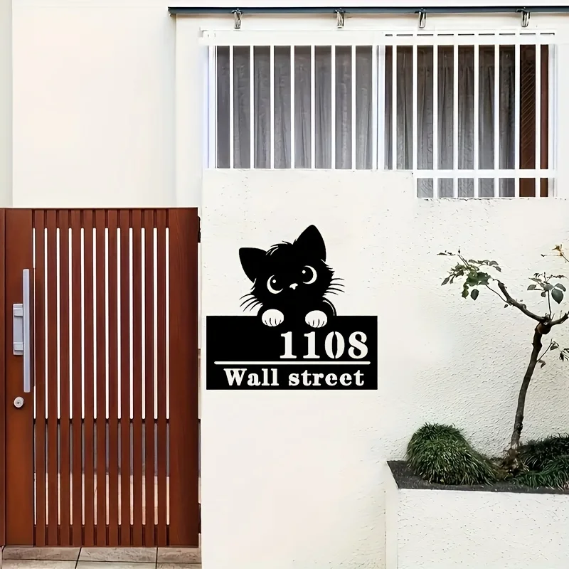 Personalized House Number Sign Featuring a Cute Black Cat And White Paw Prints - Durable OutdoorIndoor Address Plaque, Customiza