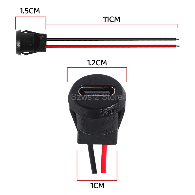 Type-c Female 2-pin Connector Female Socket Black Round Waterproof Soldering Wire Socket Quick Charging Port Charger Plug E2