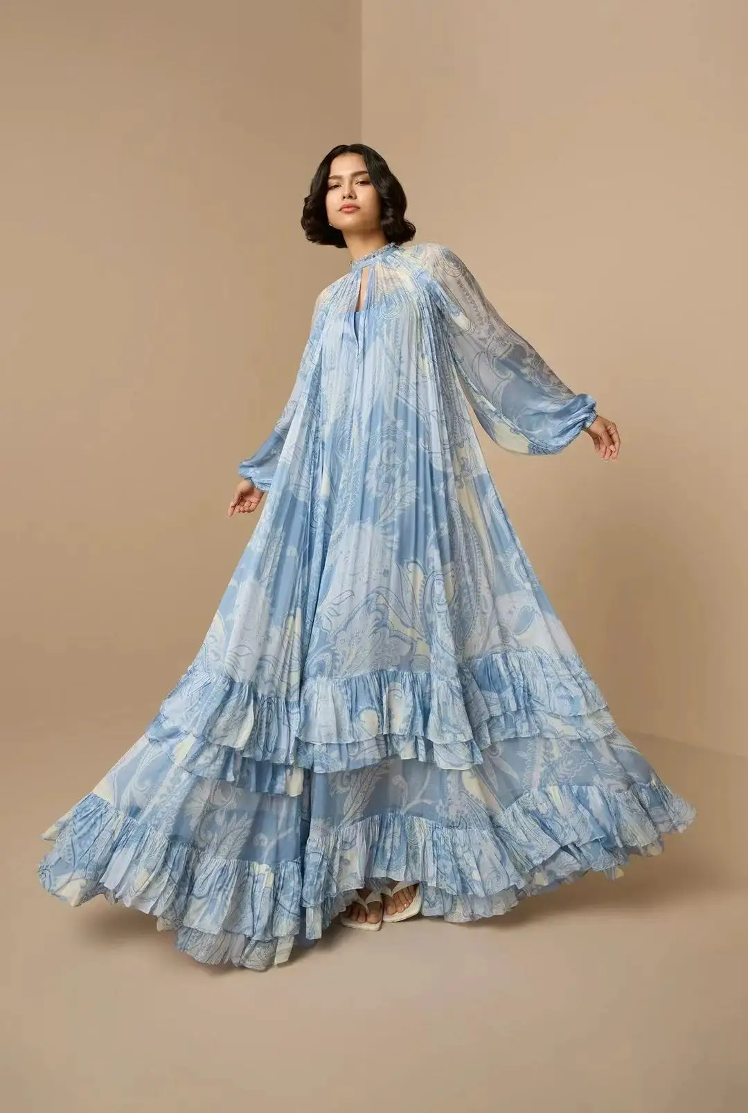 

2026 New Spring Summer Blue Long Sleeve Paisley Print Ruffles Women Maxi Dress for Holiday