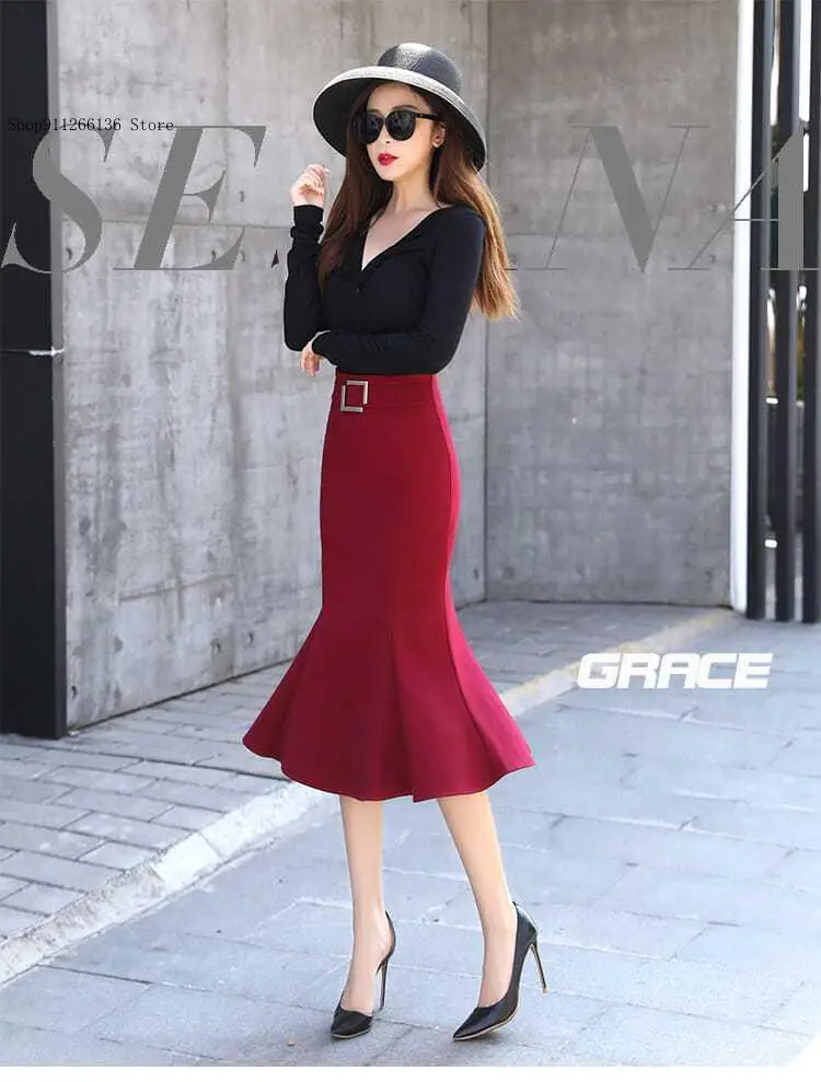Spring and Autumn Women's High Waist A-Line Fish Tail Half Skirt with Elegant Versatile Commuting Medium Length Skirt for Women
