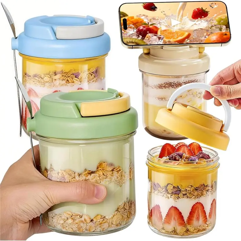 

【ОГРАНИЧЕННАЯ СЕРИЯ】Баночки для овсянки на ночь с крышками и ложками для йогурта, чиапудинга, салатов, приготовления еды - в комплекте 4 цветные крышки.