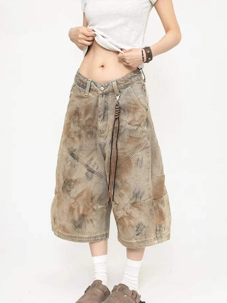 

Женские джинсы-карго Y2K в стиле 2000-х, рваные джинсовые брюки до икр, японско-американский ретро-стиль, киберпанк, Харадзюку, короткие