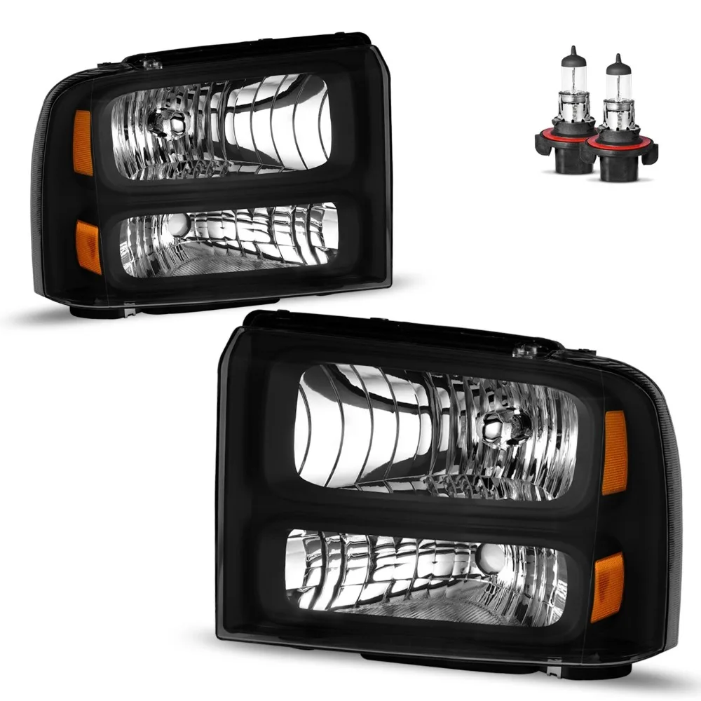 

Pair Headlights For 2005-2007 Ford F250 F350 F450 F550 Super Duty Black w/ Bulbs