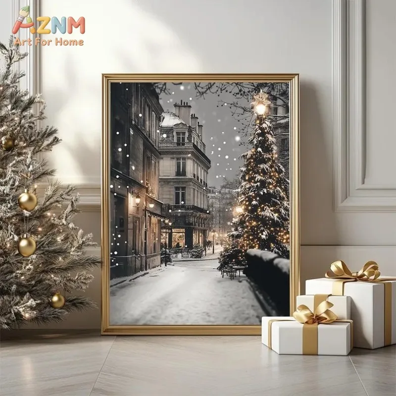 AZNM Vintage Snowy Paris Street Canvas Wall Art Christmas Tree Winter Cityscape Black White Print Unframed Canvas Holiday Home D