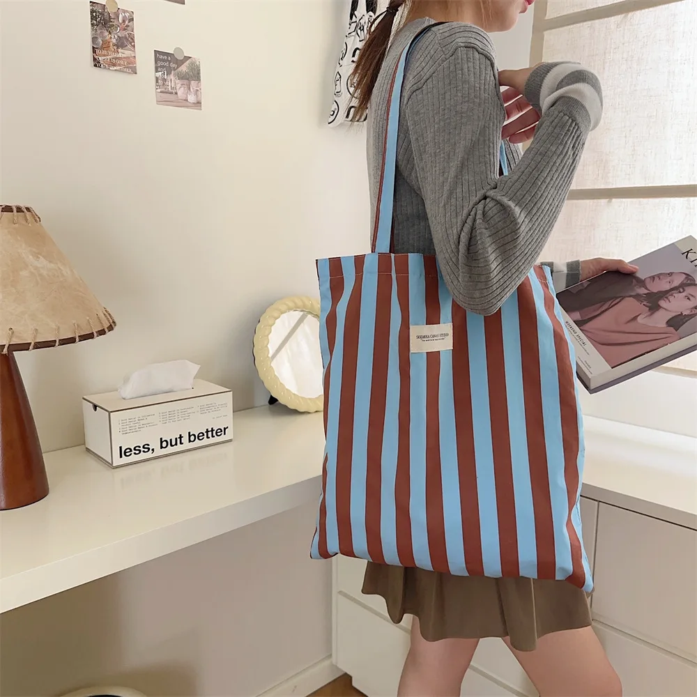 Vintage Stripe Women\'s Canvas Shoulder Bag Large Capacity Female Daily Shopping Bags Casual Portable Ladies Travel Tote Handbags