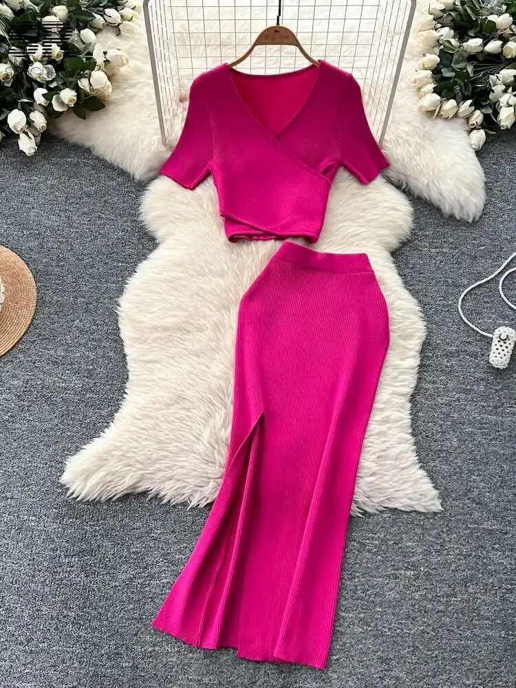 

BabYoung Casual Knitted Two Piece Suit Women Short Sleeve Cross V Neck Tops+Split Skirt Summer Solid Chic Vacation Sets